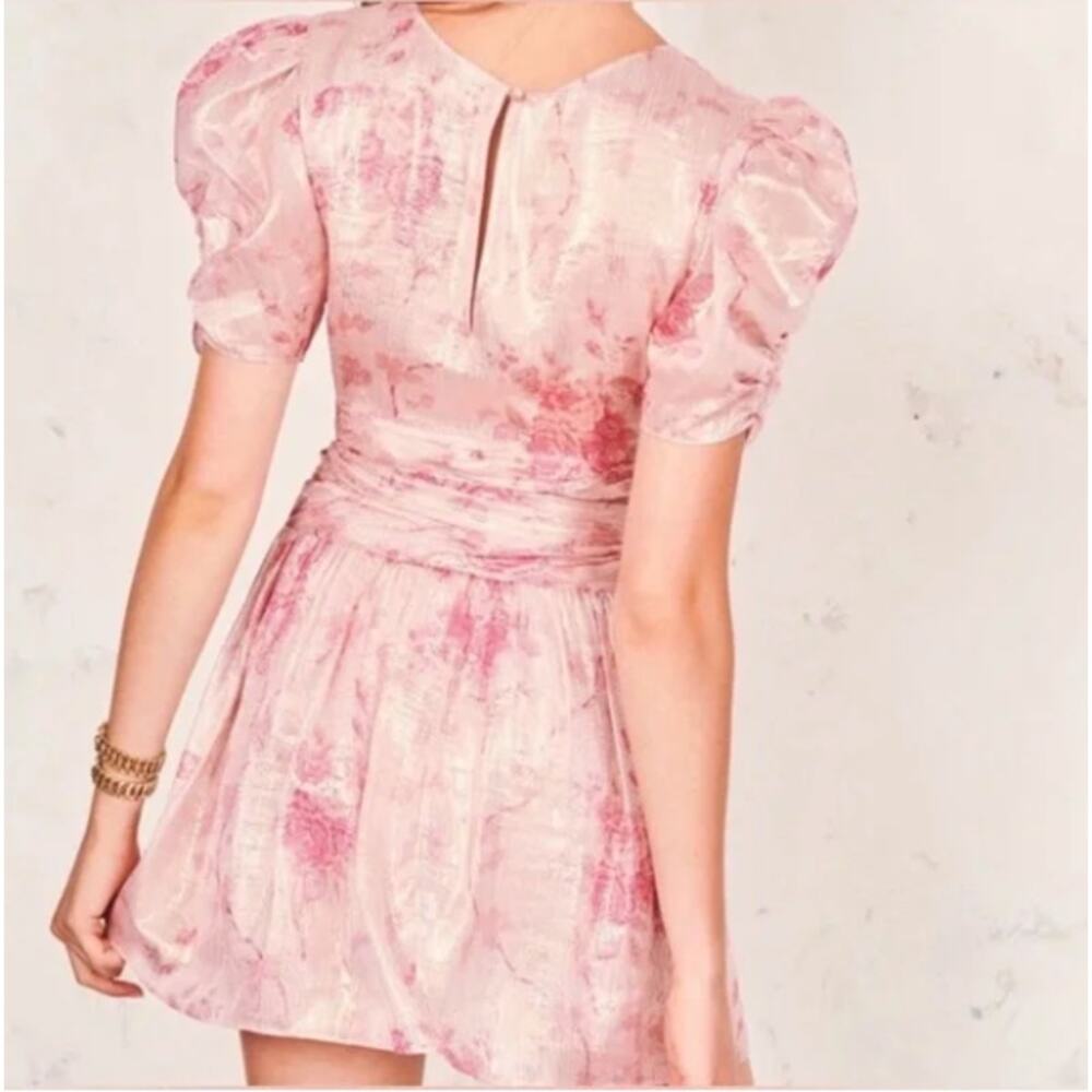 LOVESHACKFANCY Mercy Silk Metallic Puff Sleeve Mini Dress Pink Sz 6 $530 {LL13} - Picture 4 of 8